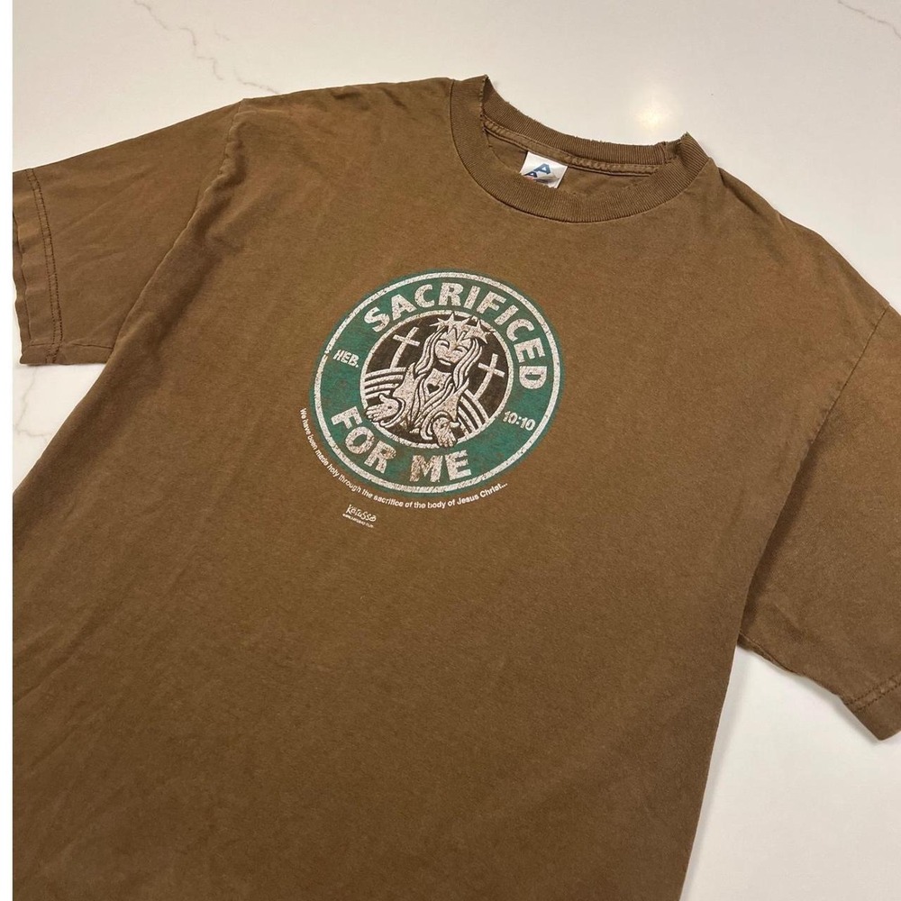 Kerusso T-Shirt Mens Large Brown Sacrificed For Me Starbucks Parody Distressed